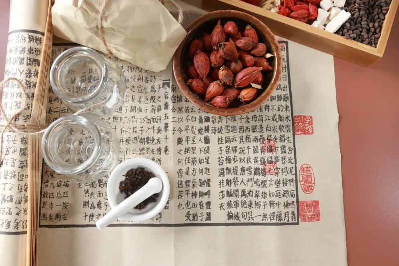 Traditional Chinese herbs with mortar and pestle on ancient text